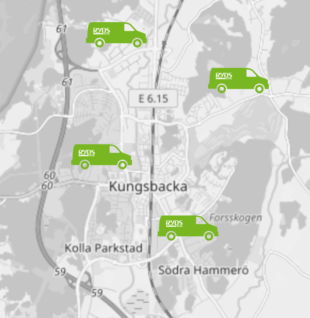 Karta över Kungsbacka med Ryds Glas bilar